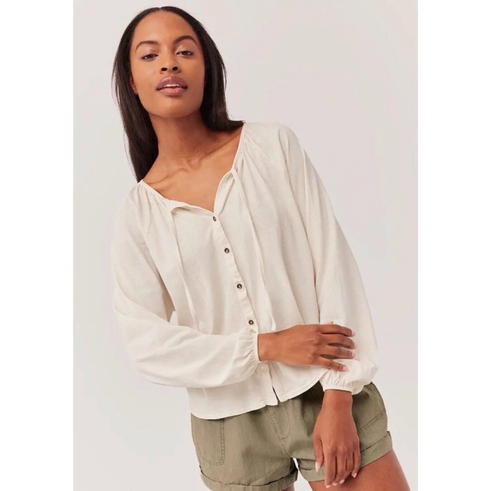 Pact Sea Salt Josie Poet Sleeve Organic Cotton Linen Blend Flowy Top - Size XL